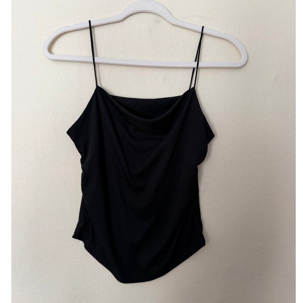 Black Cowl Neck Camisole Spaghetti Strap Ribbed Tank Top Large